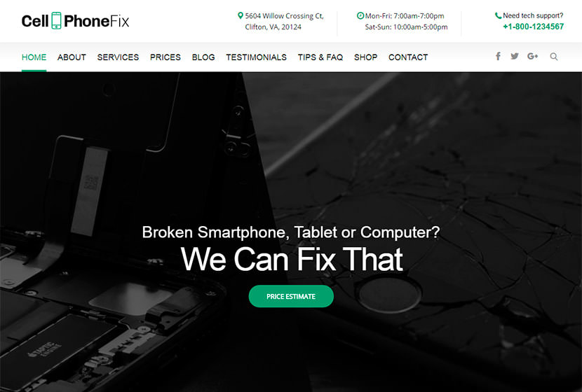 CellPhoneFix подойдет для вебсайта сервиса по ремонту мобильных телефонов.