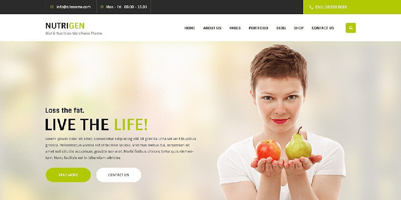 Nutrigen бесплатный шаблон для сайта о фитнесе на WordPress