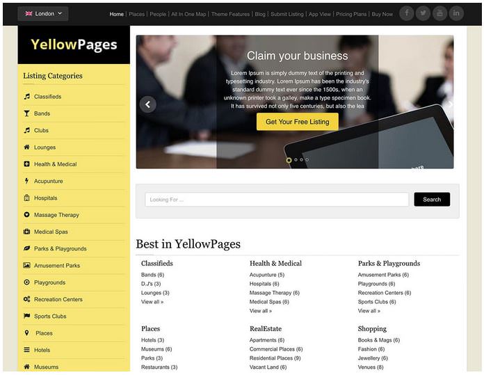 YellowPages - это дочерняя бесплатная тема для темы каталога из Templatic