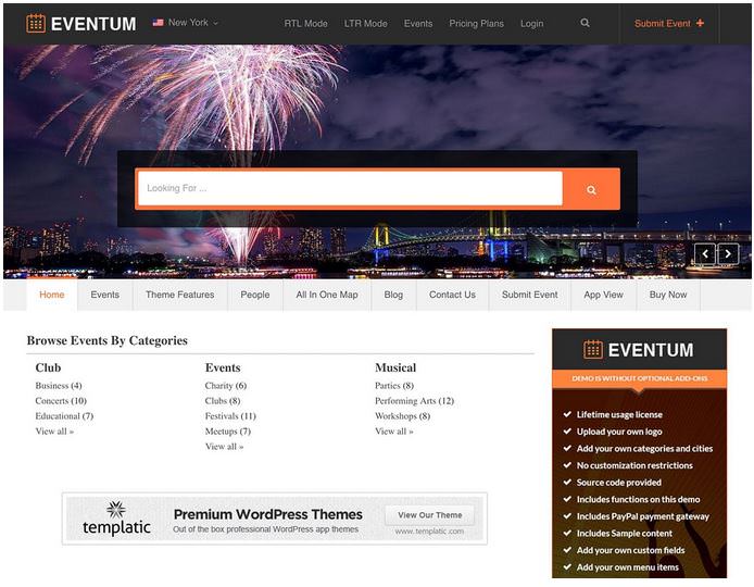 Eventum - это дочерняя тема для популярной темы Directory от Templatic для сайта каталога