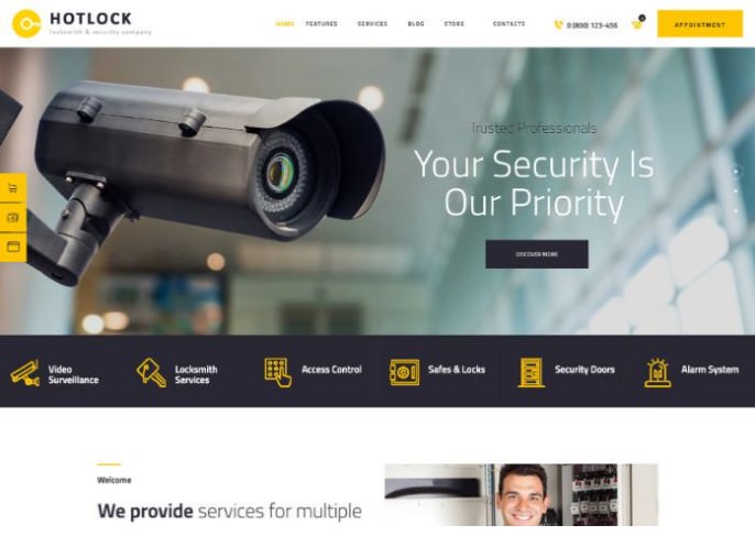 HotLock | WordPress шаблон для службы установки систем безопасности, замков, камер наблюдения
