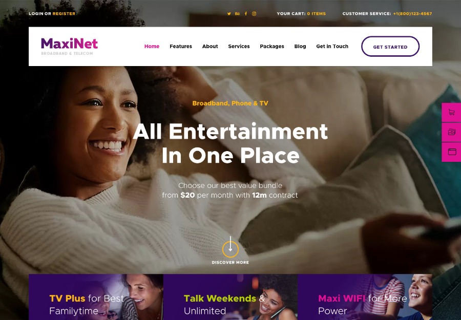 MaxiNet | WordPress шаблон для провайдера интернет и телеком услуг
