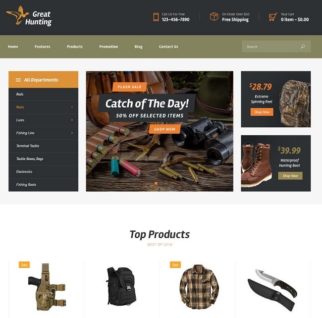 Fishing and Hunting шаблон для охотничьего сайта или магазина для рыбаков 2 демо