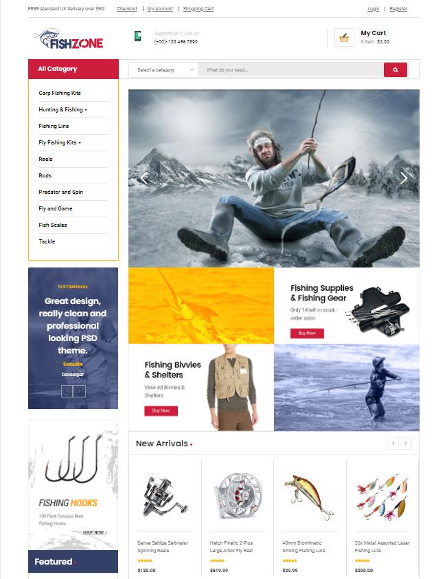 Fishzone шаблон для рыболовного магазина на WooCommerce